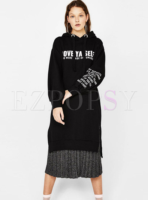 Casual Black Hooded Print Side-silt Dress