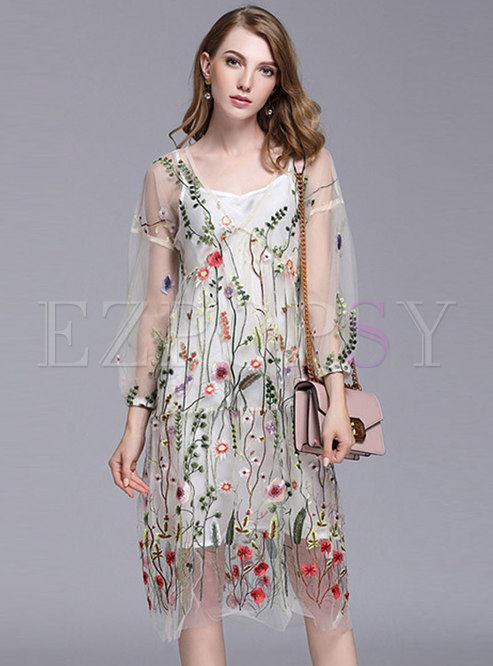 Trendy Mesh Embroidered See-through Look Dress With Lining