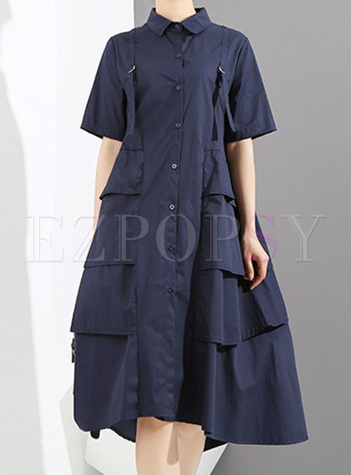 Deep Blue Plus Size Splicing Asymmetric Dress