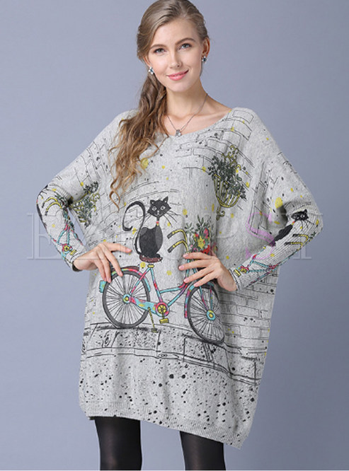 Bat Sleeve Pullover Cat Print Knitted Dress