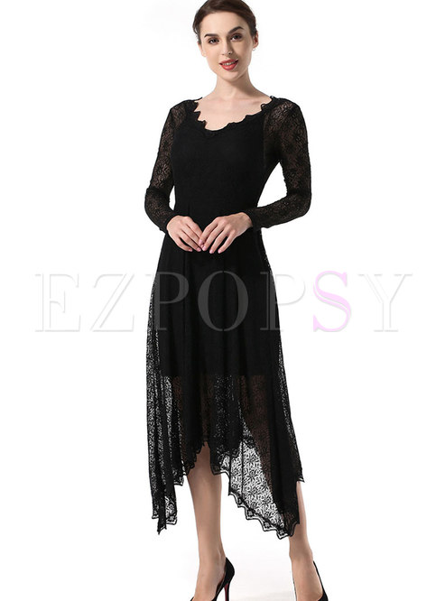 Fashion Black Lace Asymmetric Dress