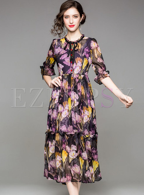 Elegant Flower Print Big Hem Chiffon Dress