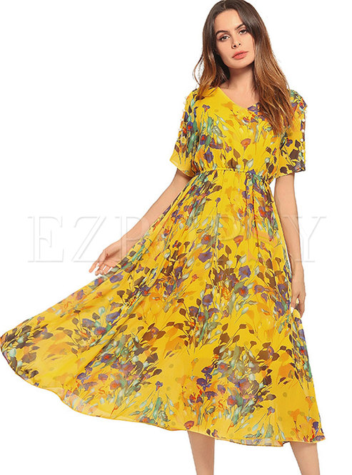 Yellow Floral Print Big Hem A Line Dress