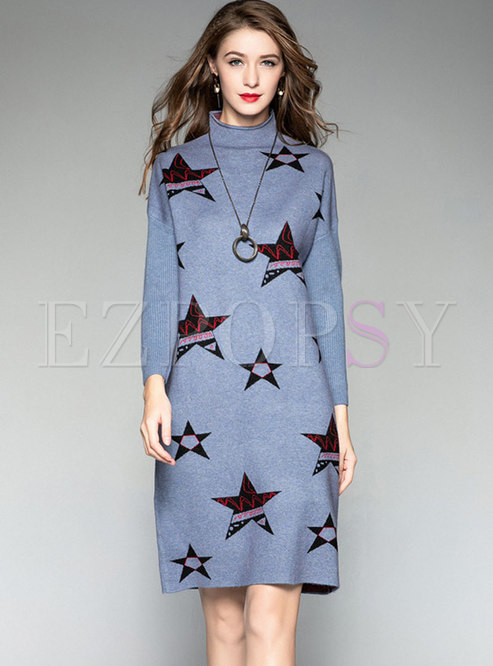 Trendy Blue Star Pattern Hit Color Knitted Dress