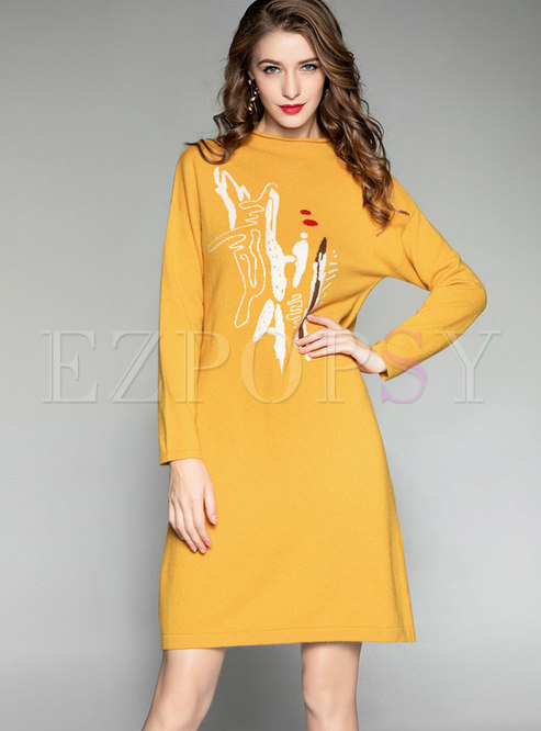 Autumn Yellow O-neck Long Sleeve Knitted Dress
