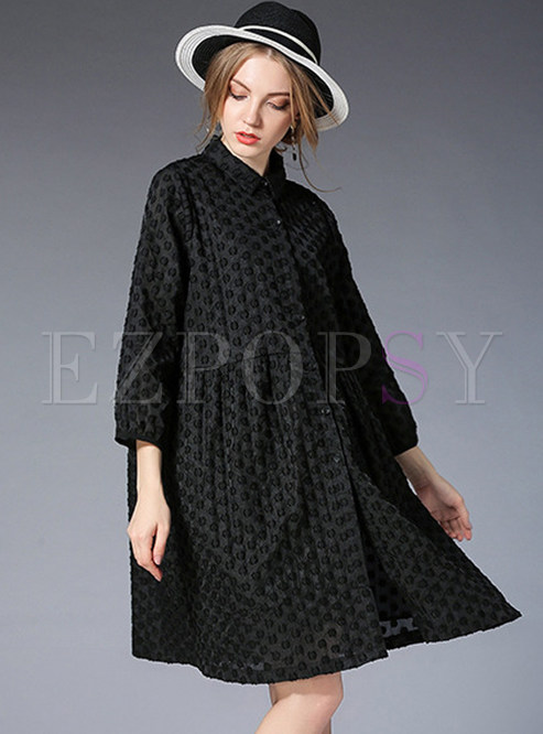 Black Embroidered Turn Down Collar Shift Dress