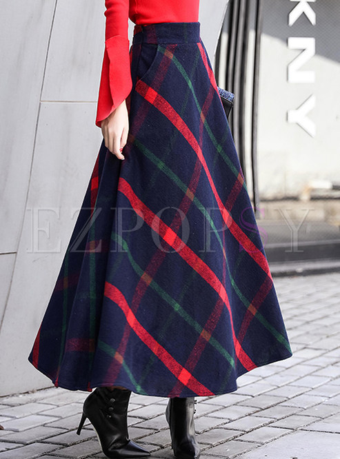 Vintage Color-blocked Plaid Thick Woolen Skirt