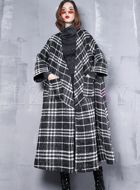 Fashionable Grid V-neck Loose Woolen Coat