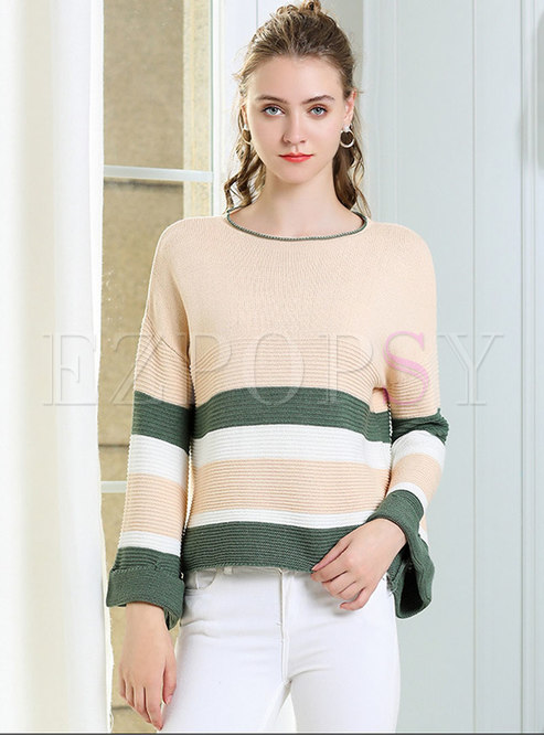 Color-blocked Flare Sleeve O-neck Loose Sweater