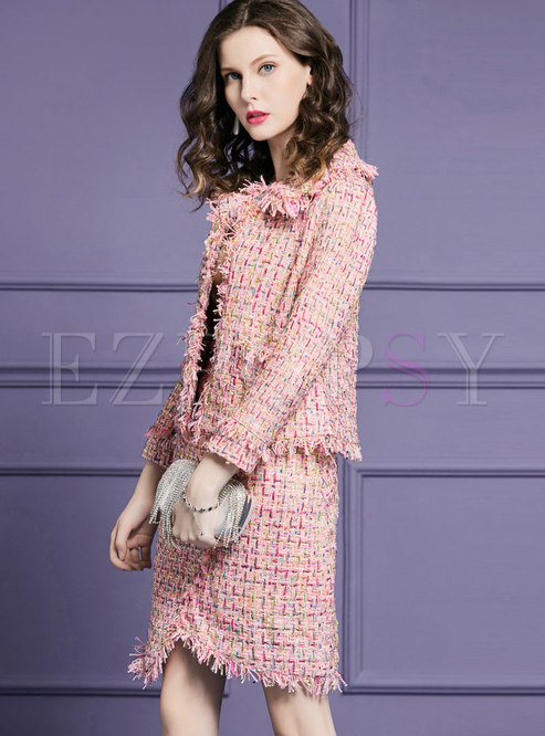 Two-piece Outfits | Two-piece Outfits | Trendy Pink Tweed Fringed Coat ...