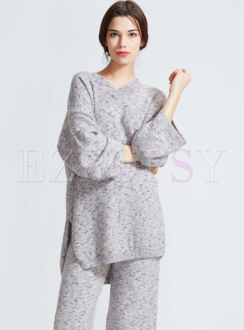 Brief Grey V-neck Pullover Loose Long Sleeve Sweater