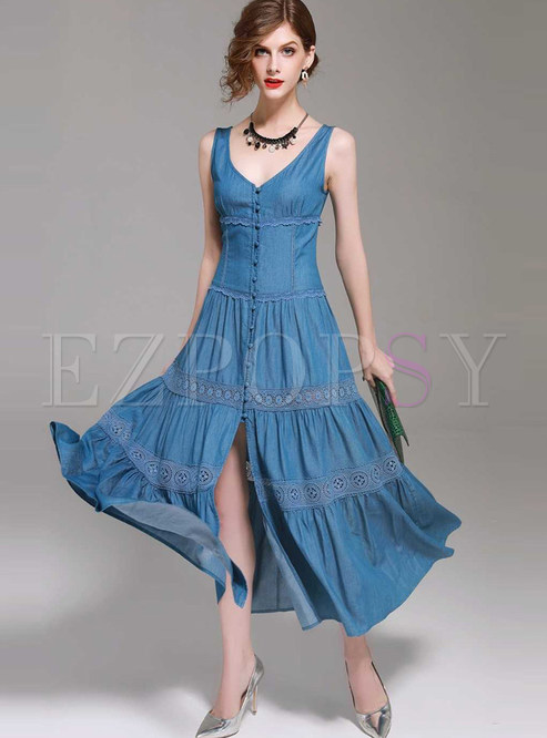 Dresses | Skater Dresses | Casual V-neck Sleeveless Stitching Slit Dress