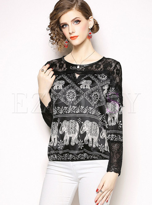 Long Sleeve Lace Patchwork Print Pullover Top