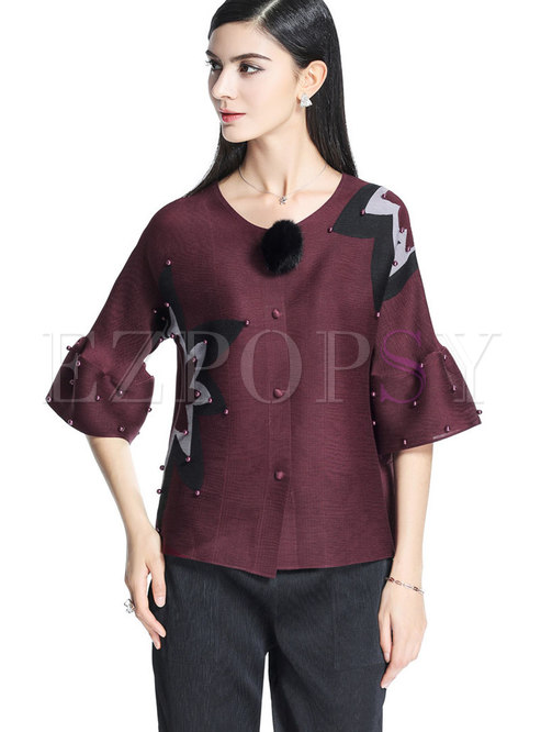 Fashion Flare Sleeve Three Quarters Sleeve Buttoned Top