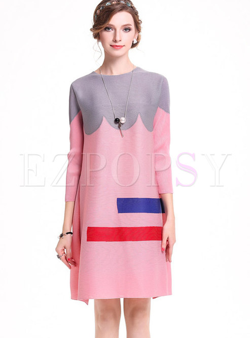 Dresses | Shift Dresses | Stylish Pink Hit Color O-neck Shift Dress