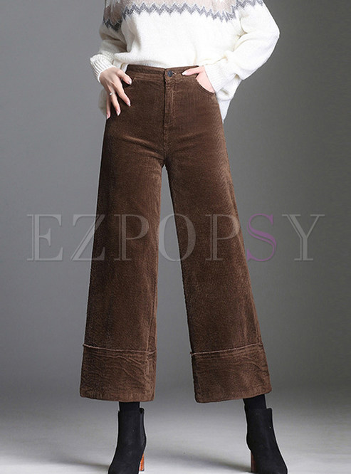 Solid Color High Waist Wide Leg Pants With Button
