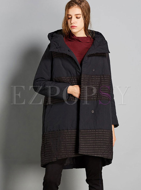Hooded Plus Size Color-blocked Striped Bubble Coat