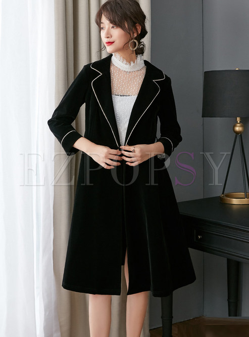 Fashion Notched Color-blocked Belted Knee-length Coat