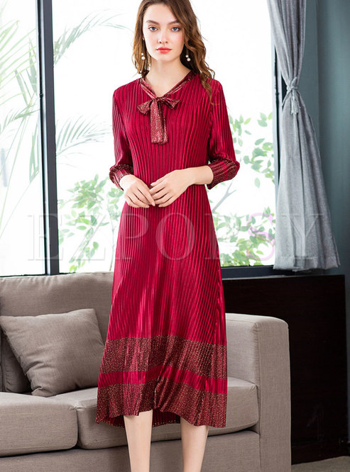 Red Tie-neck Bowknot Shimmer Slim Maxi Dress