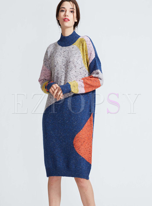 Stylish Hit Color Plus Size Loose Knitted Dress