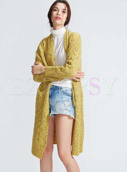 Casual Winter Yellow Monochrome Knitted Cardigan
