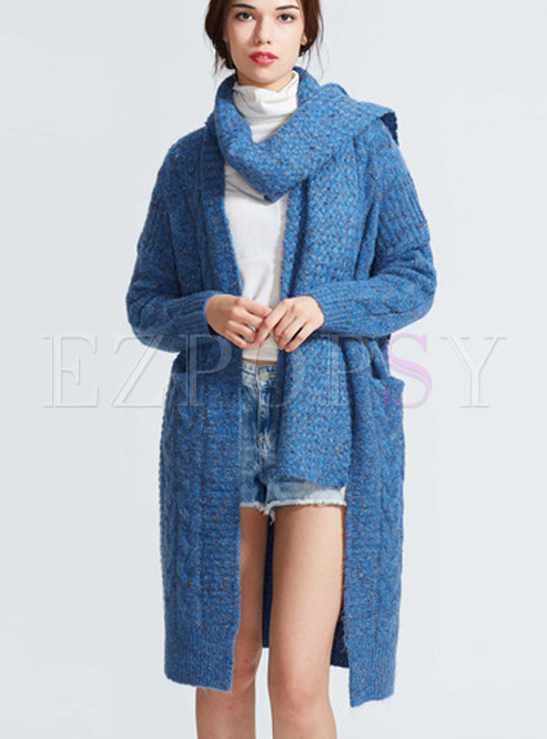 V-neck Deep Blue Long Sleeve Sweater Coat