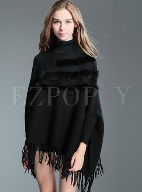 Stylish Turtle Neck Tied Tassel Detail Knitted Sweater