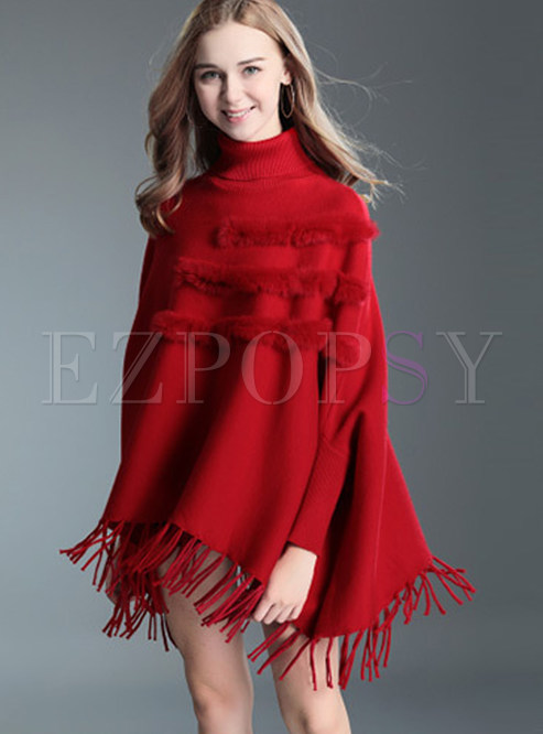 Stylish High Neck Tied Tassel Detail Knitted Sweater