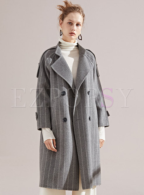 Stylish Lapel Grey Striped Double-breasted Coat