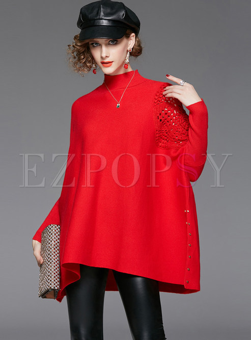 Solid Color Hollow Out Bat Sleeve Sweater