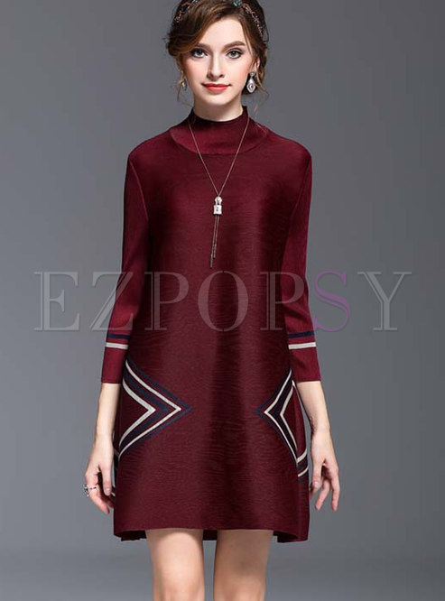 Stylish Wine Red Geometric Pattern Elastic Shift Dress 