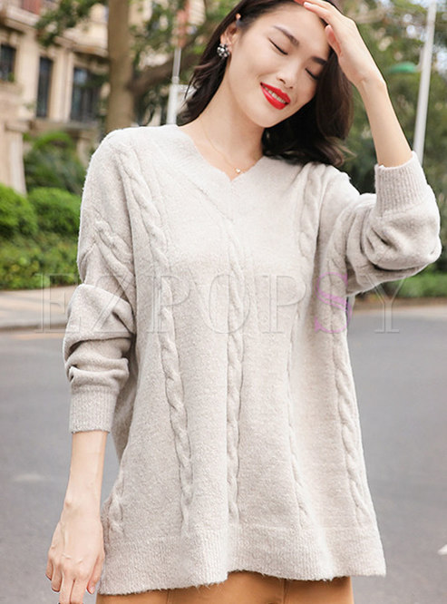 British Apricot V-neck Loose Midi Knitted Sweater 