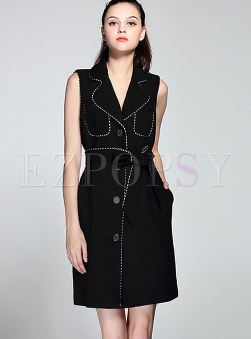 Trendy Black Sleeveless Single-breasted Dress 