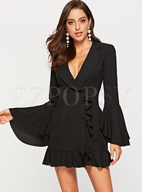 Fashion Black Notched Single-breasted Fit Flare Dress