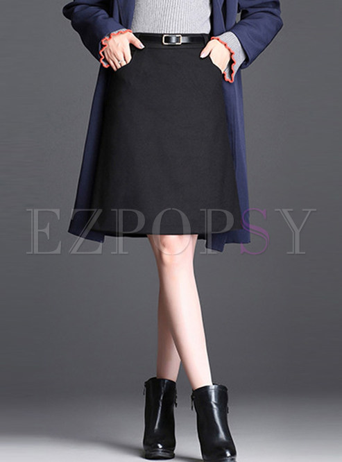 Brief Belted Easy-matching Knee-length A Line Skirt