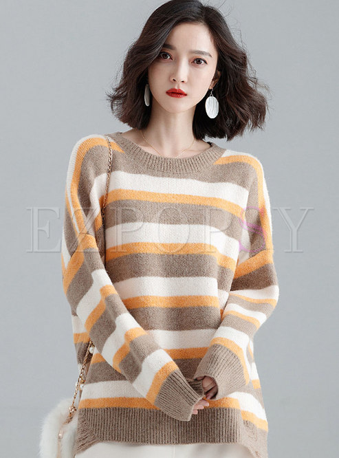 Chic Crew-neck Color-blocked Long Sleeve Sweater