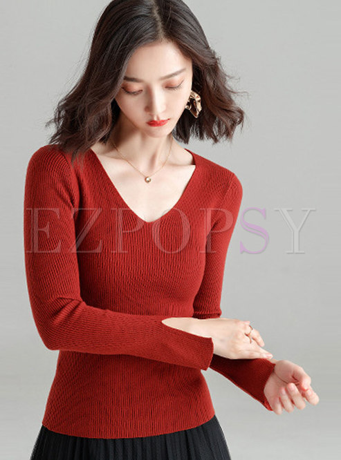 Tops | Sweaters | Autumn Red V-neck Pullover Long Sleeve Slim Sweater