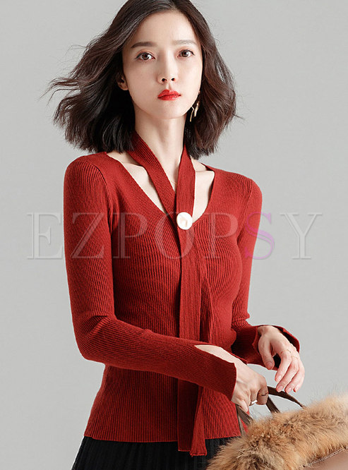 Autumn Red V-neck Pullover Long Sleeve Slim Sweater