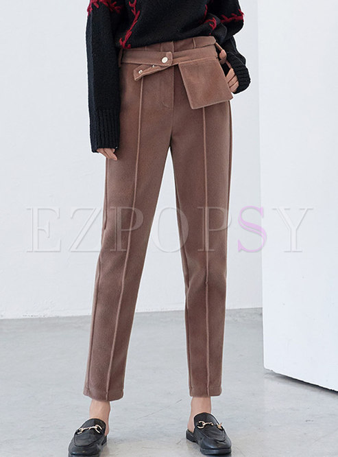 Casual Solid Color Distressed High Waist Thicken Straight Pants