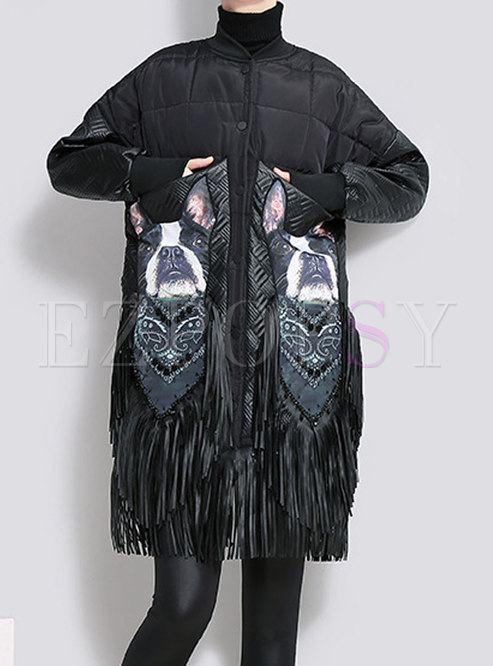 Black Stand Collar Fringed Detail Loose Coat