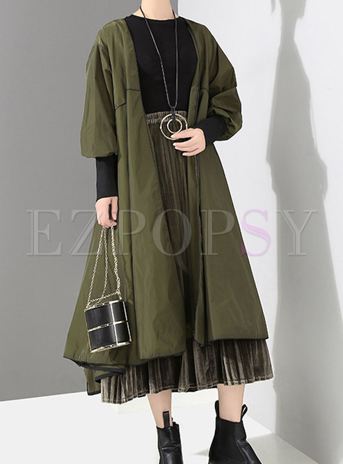 Fashion Army Green Patchwork Long Trench Coat
