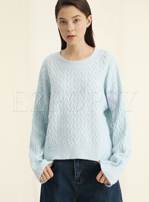 Casual Light Blue Autumn Twist Texture Knitted Sweater