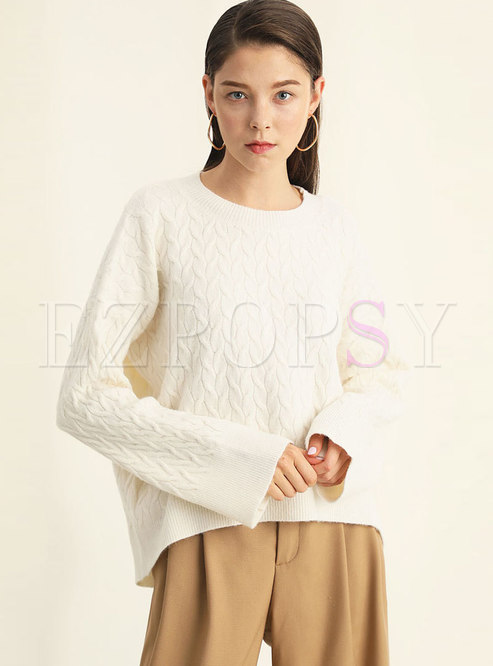 Casual White Autumn Twist Texture Knitted Sweater