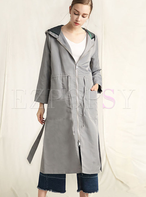Brief Grey Hooded Gathered Waist Pockets Trench Coat