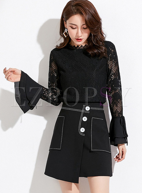Black Standing Collar Flare Sleeve Hollow Out Blouse