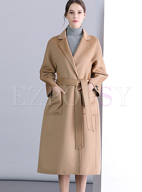 Brief Pure Color Notched Loose Cashmere Overcoat