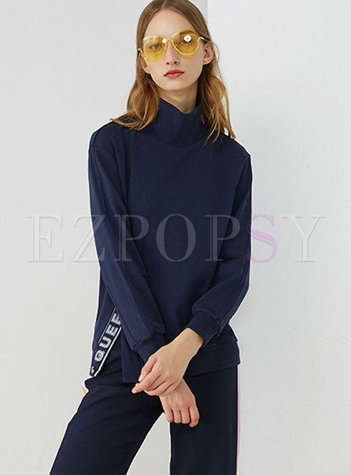 Casual Navy High Neck Sports Letter Split Hoodies