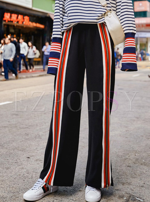 Trendy Color-blocked Striped Zippered Straight Pants