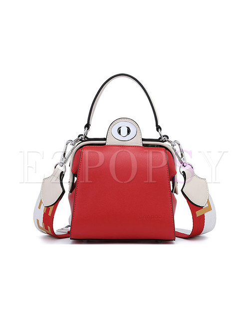 Stylish Color-blocked PU Clasp Lock Top Handle & Crossbody Bag