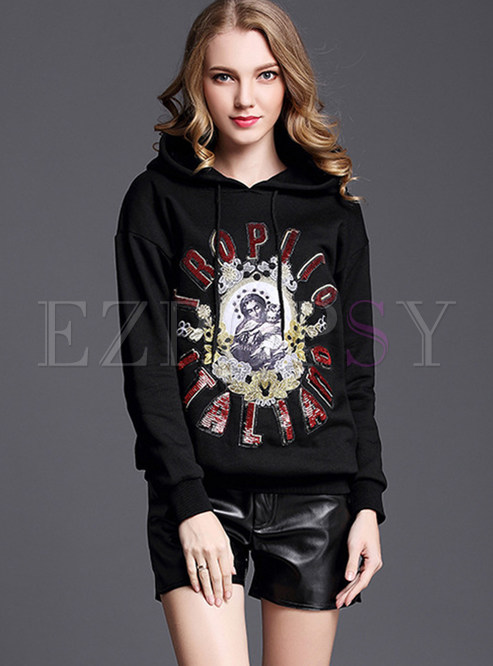 Black Hooded Embroidered Loose Hoodies With Sequin Detail
